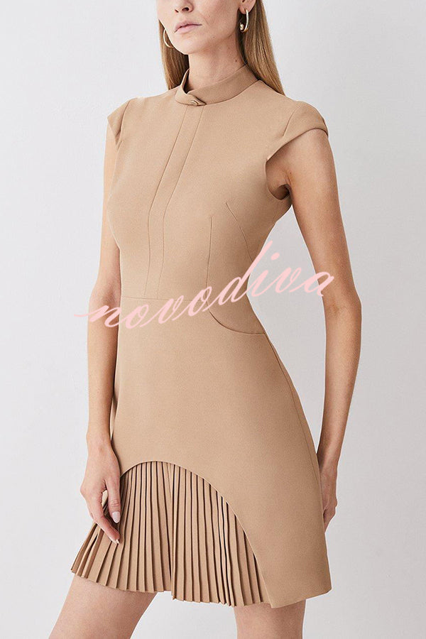 Military Style Mini Dress – Structured Patchwork Pleated Hem Statement Dress