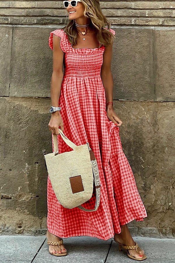 Checkered Maxi Dress - Smocked Bust Flowy Summer Dress with Adjustable Straps