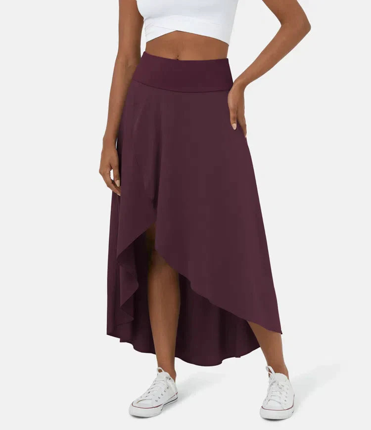 Asymmetric Midi Skirt - Elegant High Waist Flowy Skirt for Women