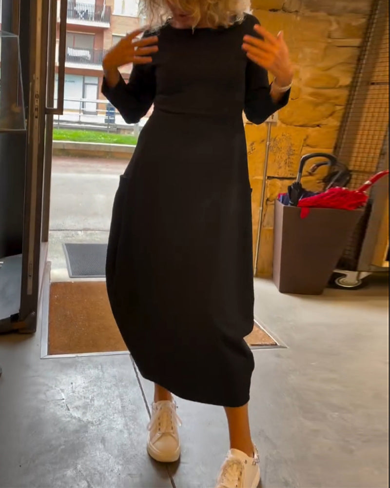 Round Neck Pocket Dress – Elegant Midi Dress With Functional Pockets For Women