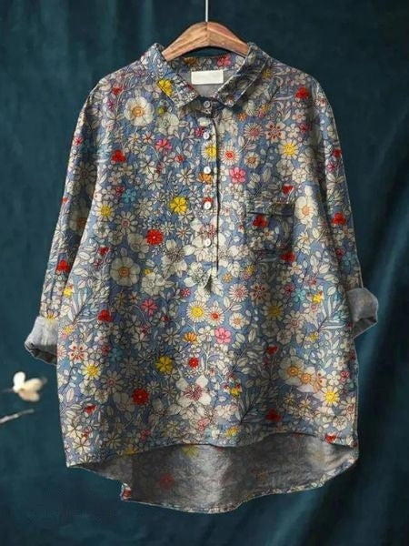 Floral Print Shirt - Women's Tummy Covering Casual Top in Breathable Bamboo Fabric