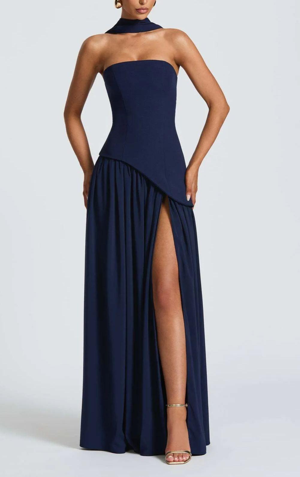 Strapless Slit Gown – Elegant Maxi Dress With Ribbon Detail & Satin Blend Fabric