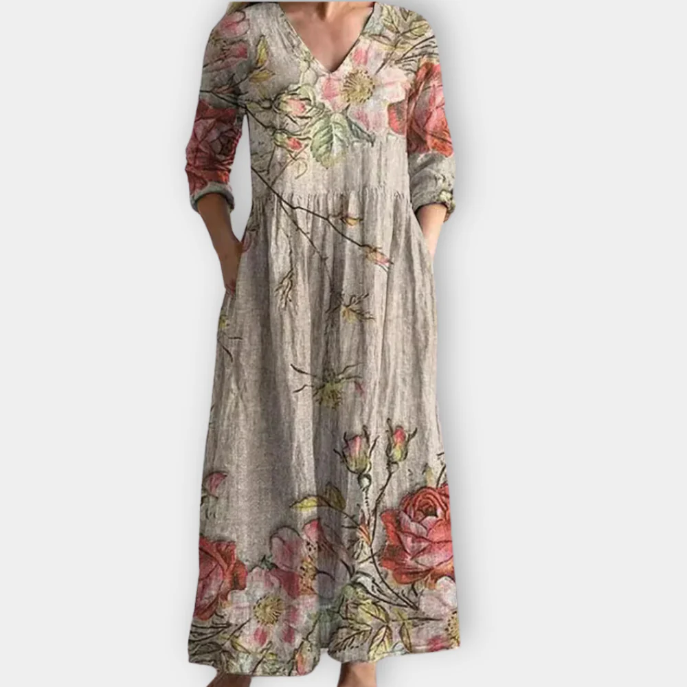 Boho Maxi Dress – Flowy Summer Dress with V-Neck Loose Fit & Soft Fabric