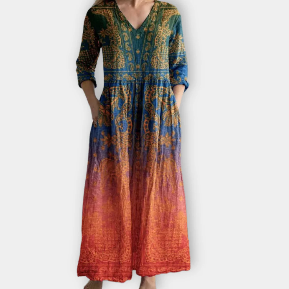 Boho Maxi Dress - Flowy V Neck Summer Dress With Boho Chic Print