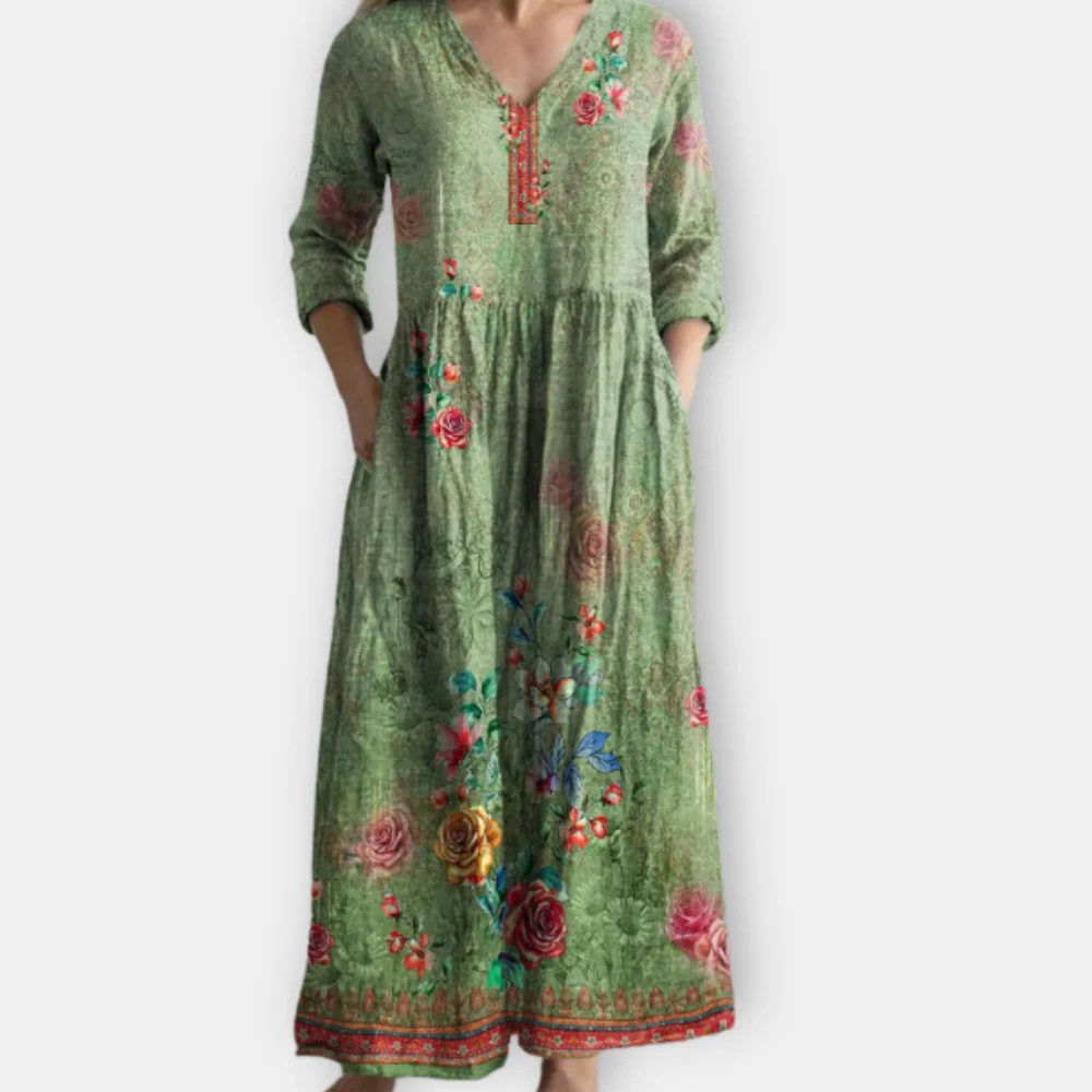 Boho Maxi Dress - Lightweight Flowy Summer Dress with V Neck & Prints