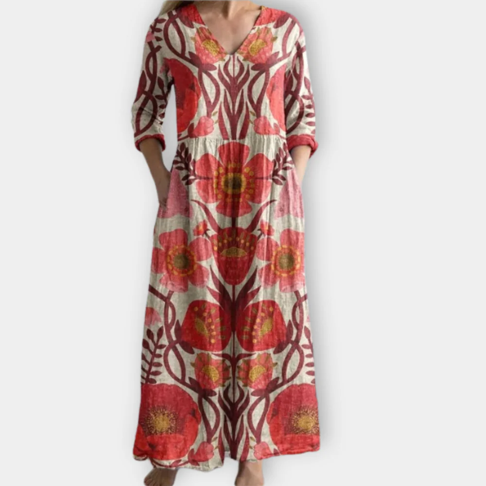 Boho Maxi Dress - Flowy Summer V Neck Dress With Bold Print For Women