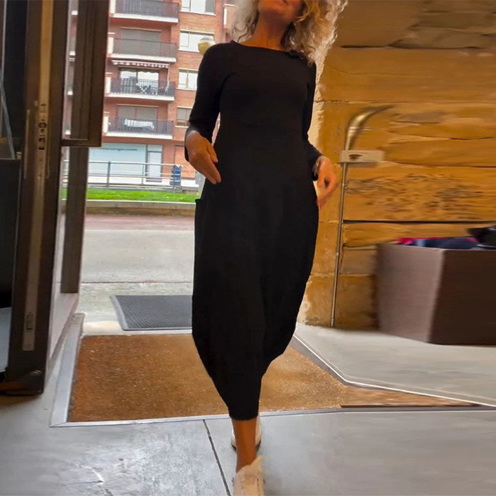 Round Neck Pocket Dress – Elegant Midi Dress With Functional Pockets For Women