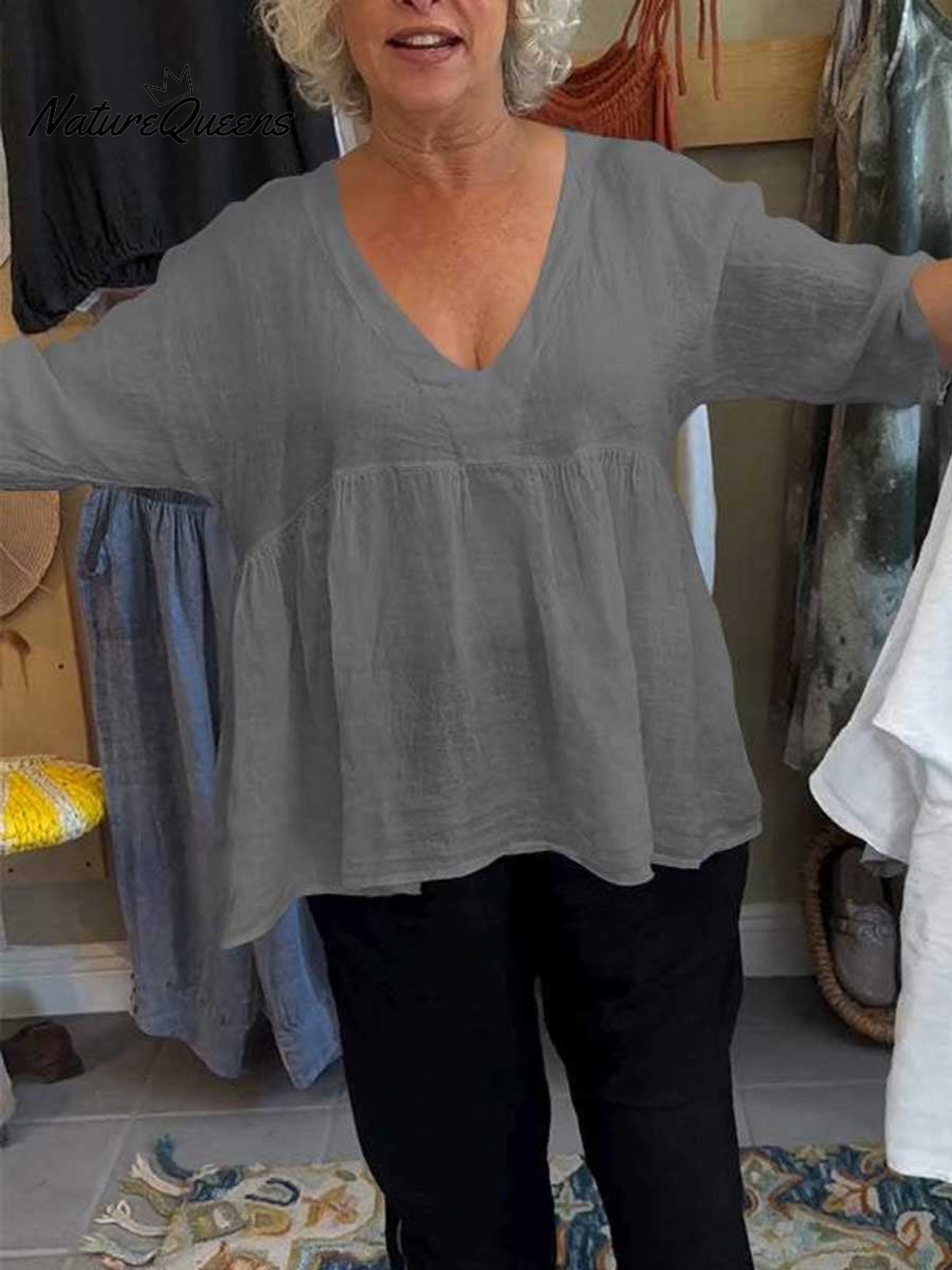 V-Neck Cotton Linen Shirt – Breathable Lightweight Blouse With Relaxed Fit