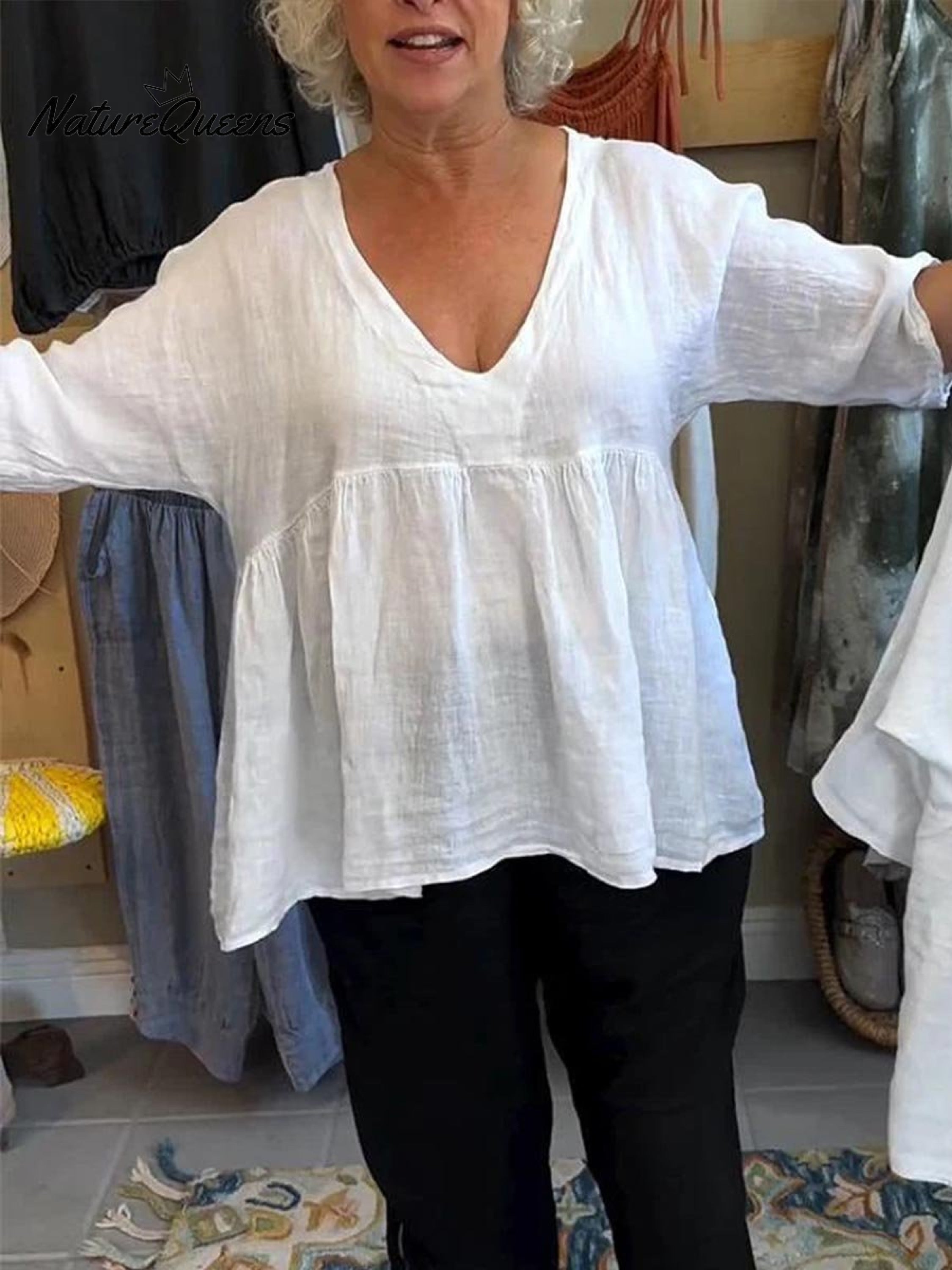 V-Neck Cotton Linen Shirt – Breathable Lightweight Blouse With Relaxed Fit