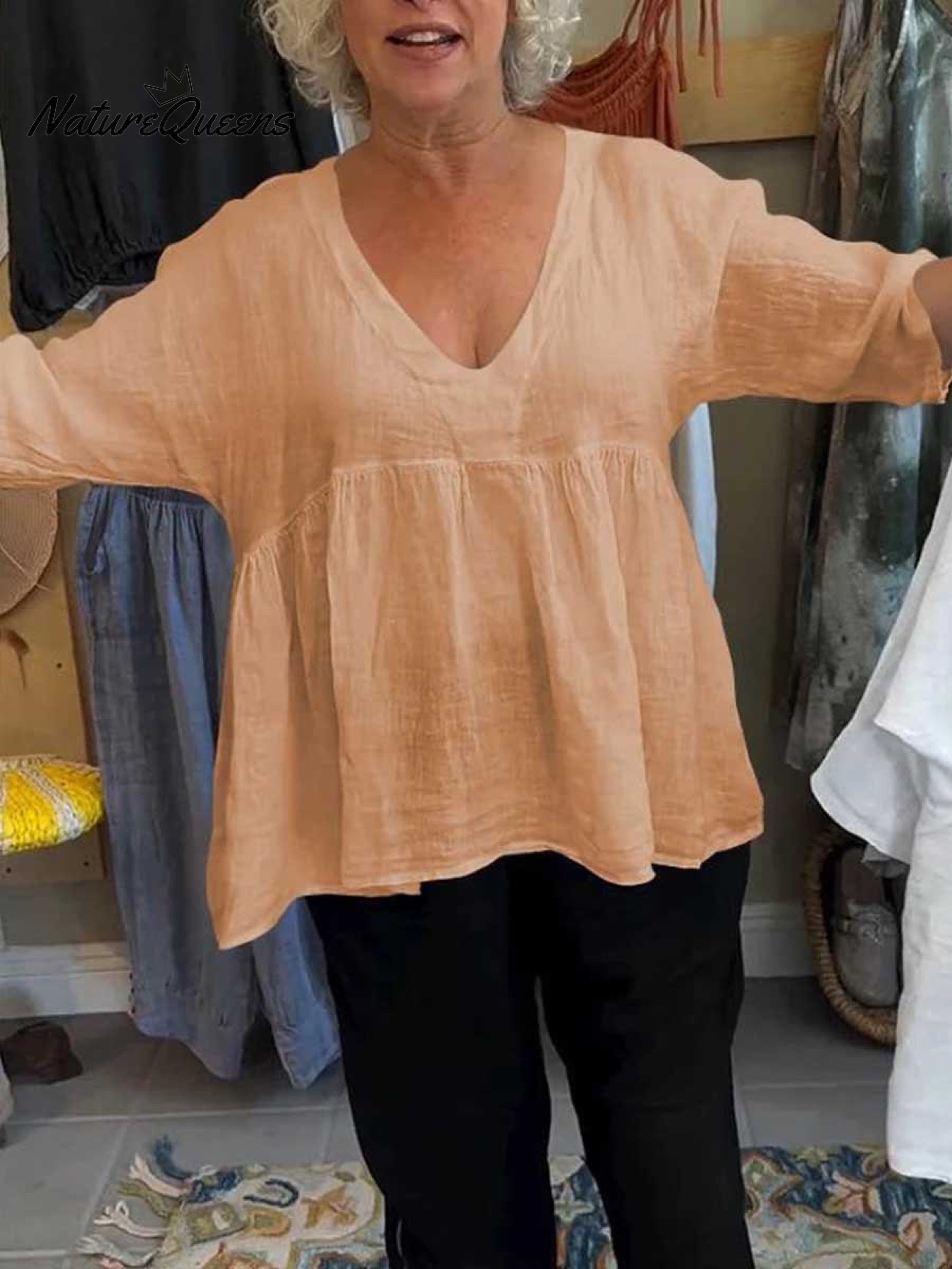 V-Neck Cotton Linen Shirt – Breathable Lightweight Blouse With Relaxed Fit