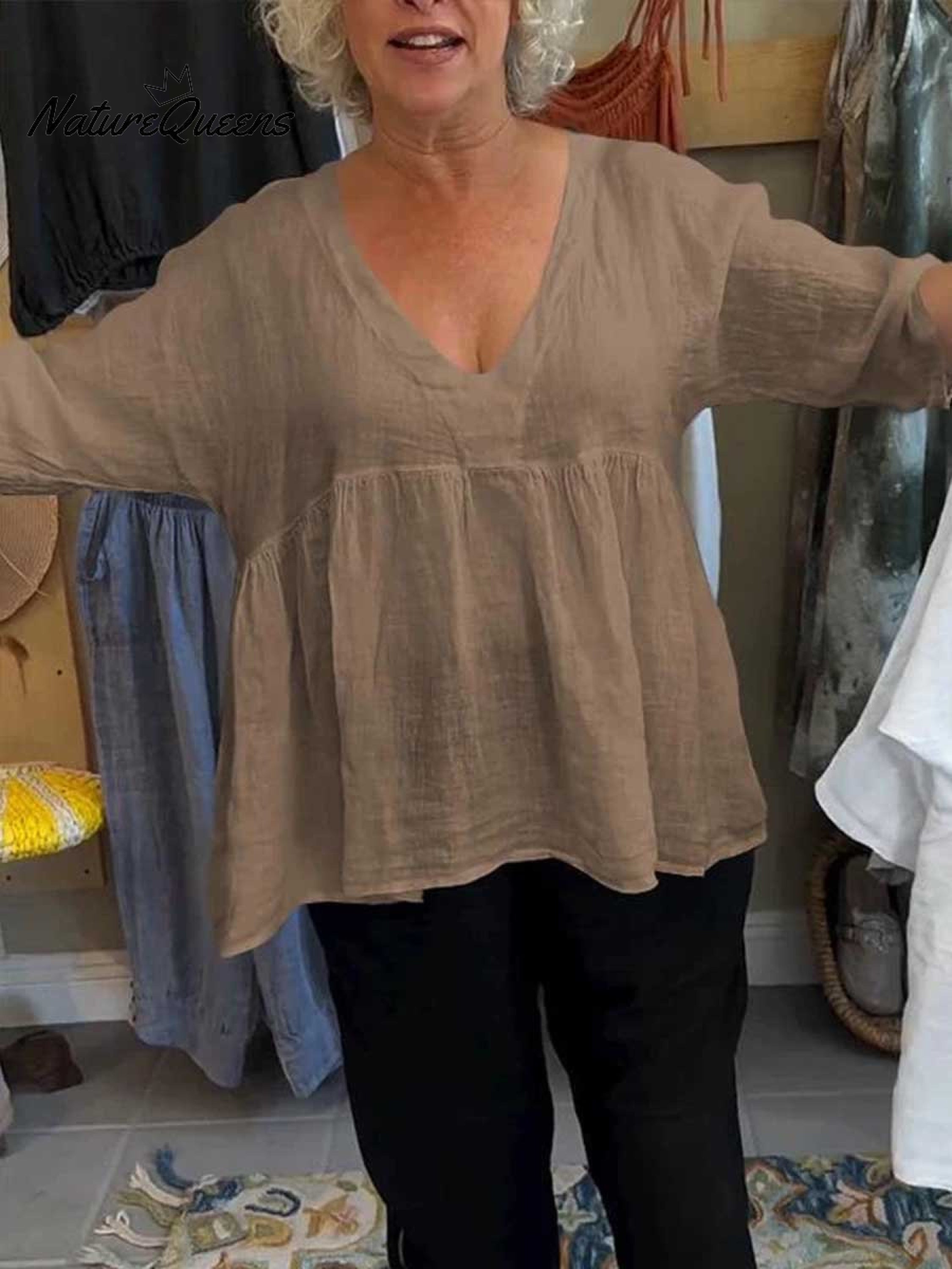 V-Neck Cotton Linen Shirt – Breathable Lightweight Blouse With Relaxed Fit