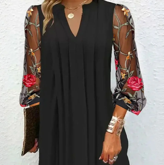 Elegant Mini Dress with V-Neck and Sheer Sleeves – Lightweight Summer Style