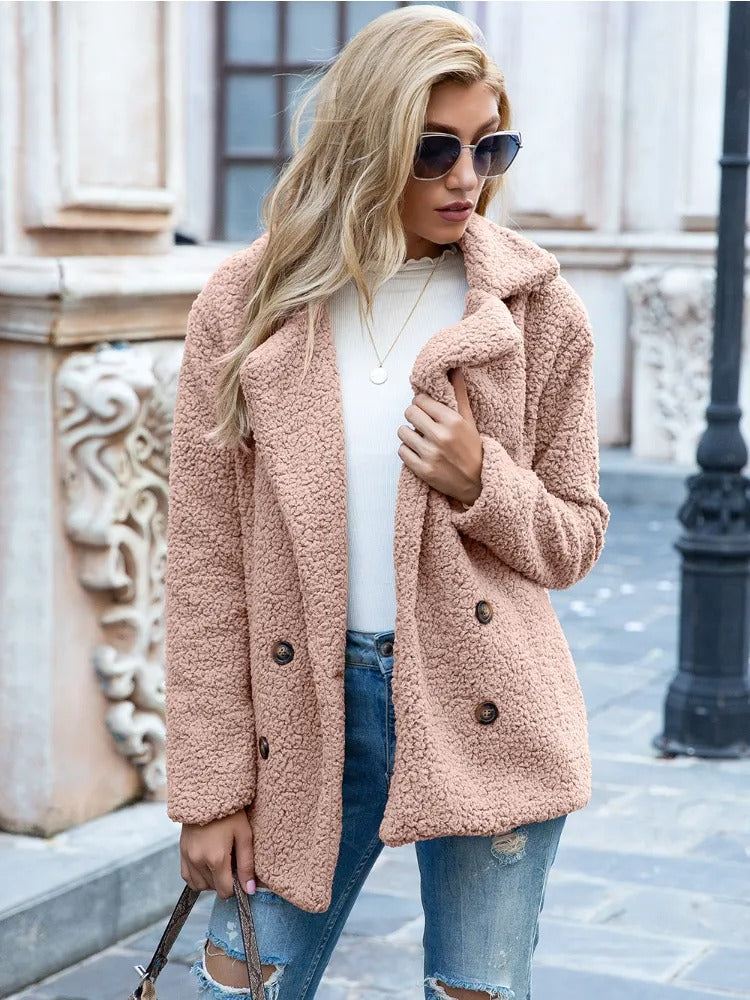 Double Breasted Teddy Coat – Chic Cozy Coat With Plush Fleece Jacket