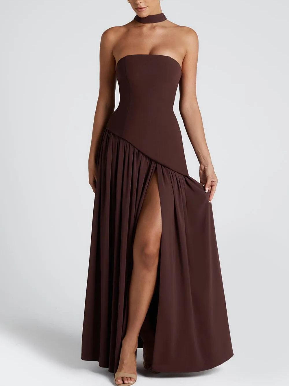 Strapless Slit Gown – Elegant Maxi Dress With Ribbon Detail & Satin Blend Fabric