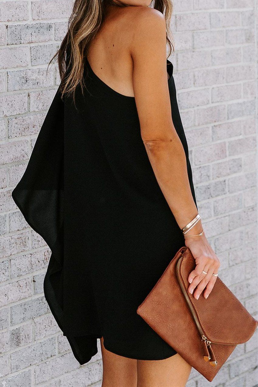 One Shoulder Dress - Black Statement Dress With Draped Side Flaps | Lightweight Crepey Fabric