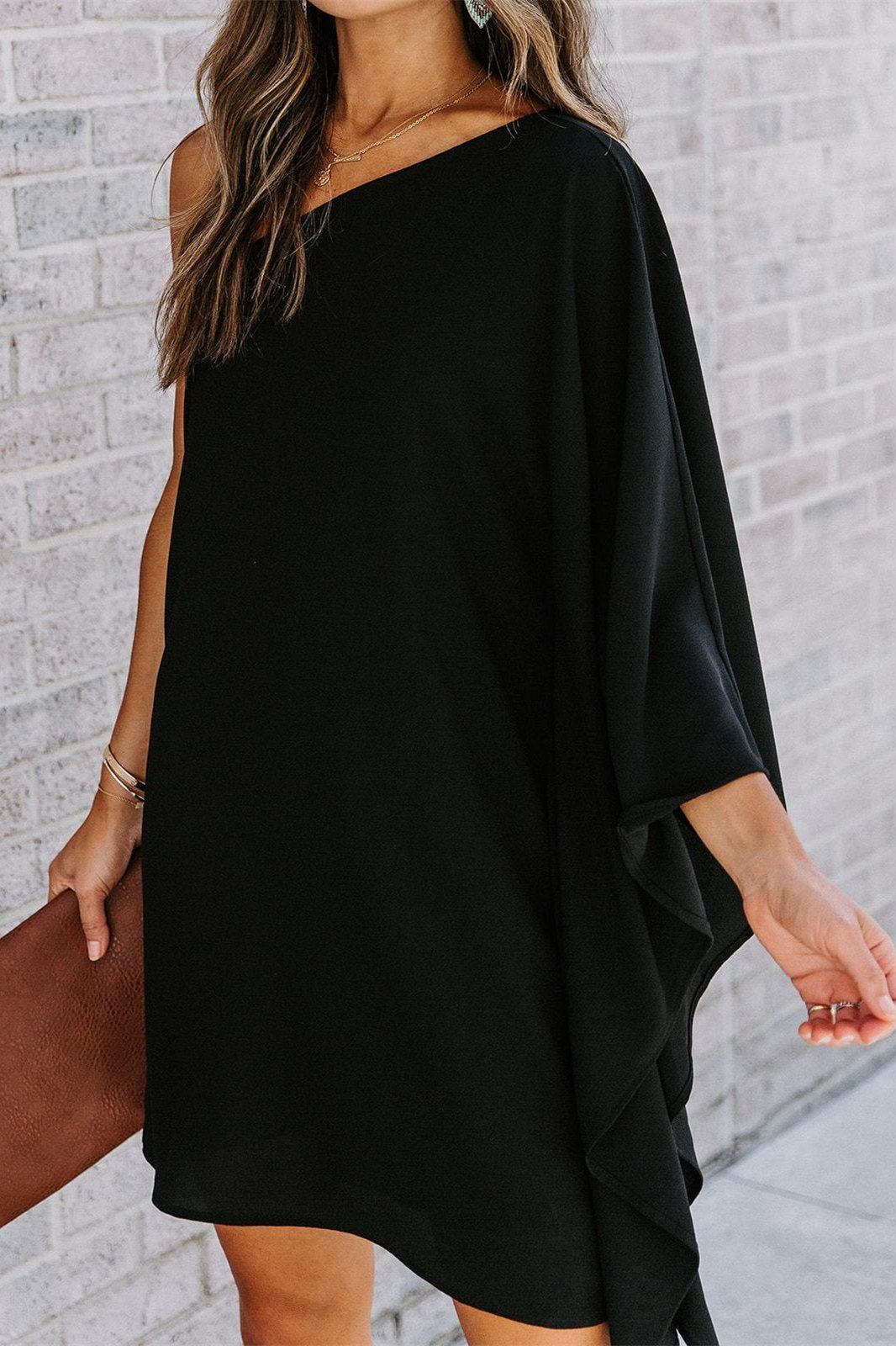 One Shoulder Dress - Black Statement Dress With Draped Side Flaps | Lightweight Crepey Fabric