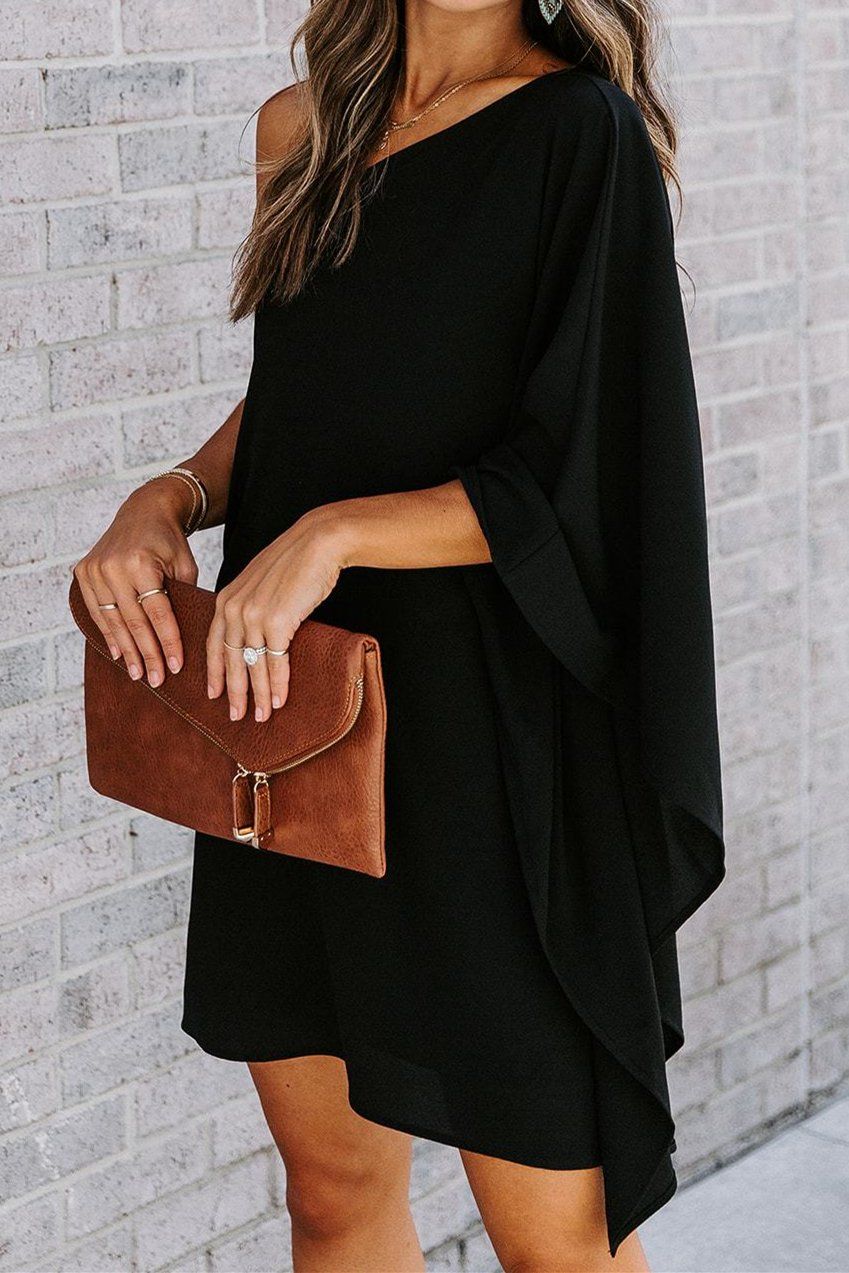 One Shoulder Dress - Black Statement Dress With Draped Side Flaps | Lightweight Crepey Fabric