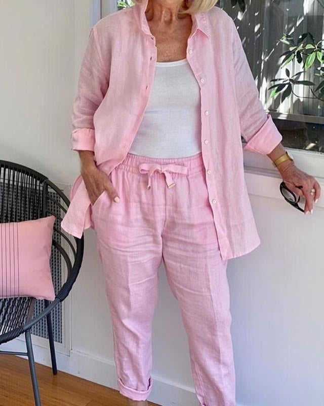 Long Sleeved Shirt Set – Comfortable Lounge Wear With Adjustable Waistband Pants