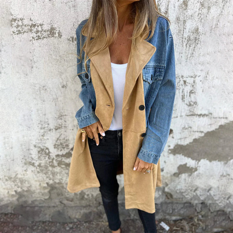Denim Trench Coat - Mid Length Belted Waist Casual Spring Layering Jacket