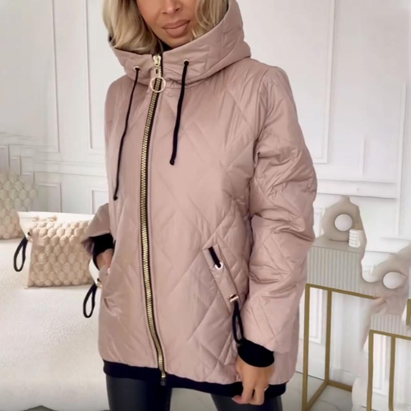 Stylish Casual Coat – Quilted Zip Up Coat with High Neck Hood & Adjustable Drawstrings