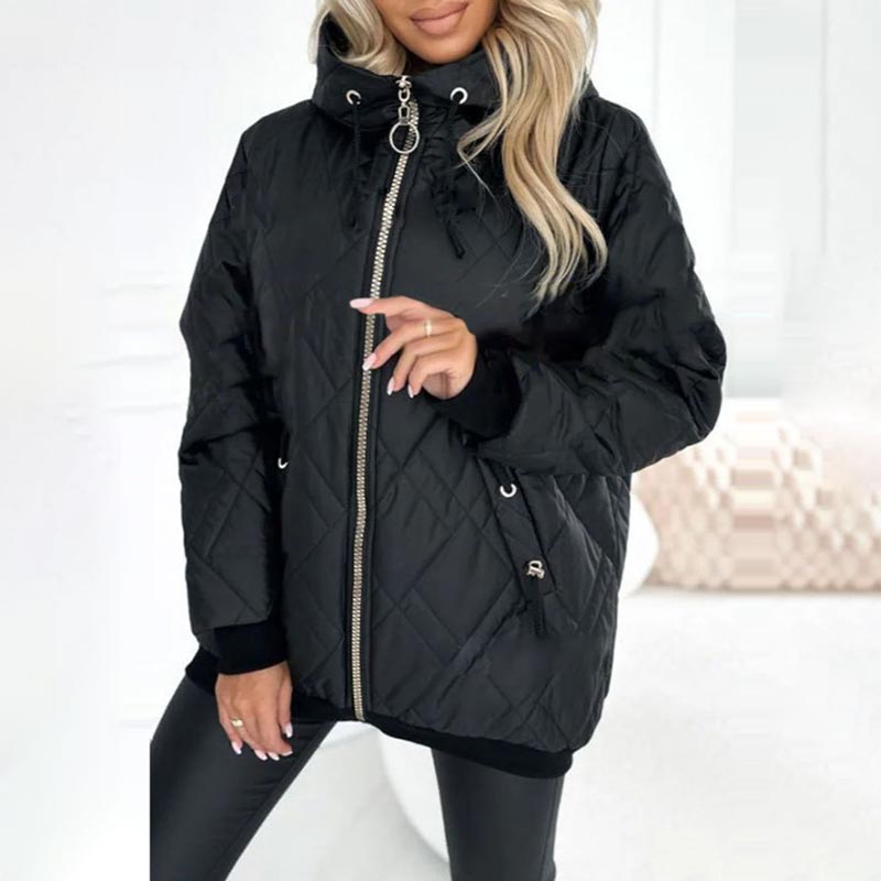 Stylish Casual Coat – Quilted Zip Up Coat with High Neck Hood & Adjustable Drawstrings