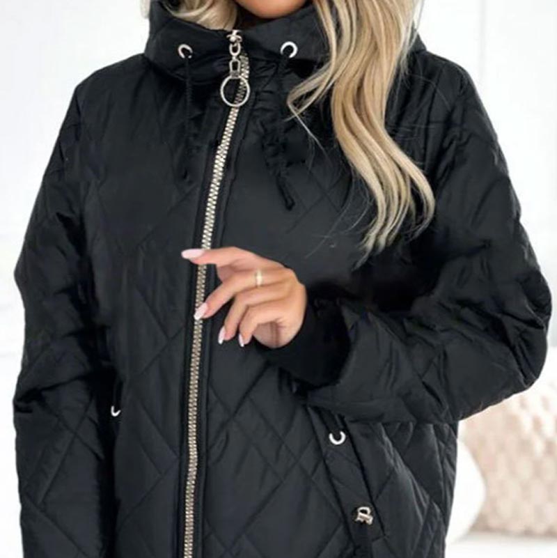Stylish Casual Coat – Quilted Zip Up Coat with High Neck Hood & Adjustable Drawstrings