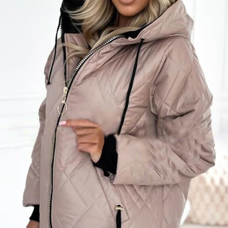 Stylish Casual Coat – Quilted Zip Up Coat with High Neck Hood & Adjustable Drawstrings