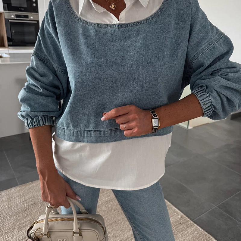 Casual Edge Denim Set – Women's Matching Two-Piece Denim Outfit for Weekend Looks