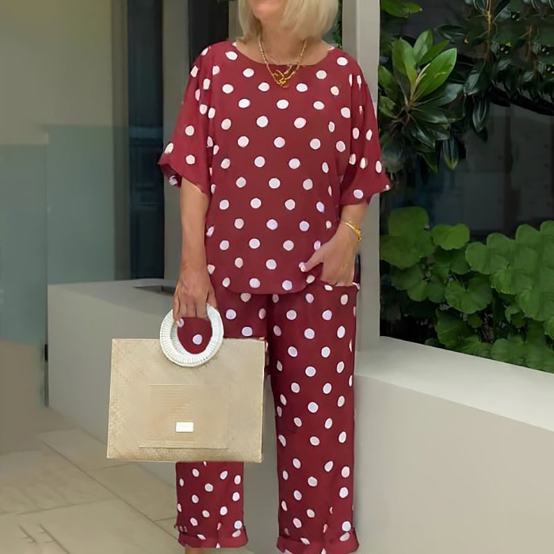Polka Dot Two-Piece Set – Casual Relaxed Fit Loungewear Outfit For Summer