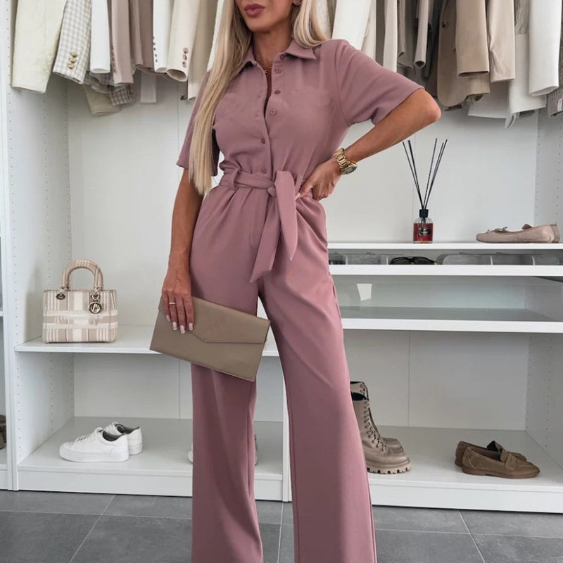 Women Jumpsuit Waist Tie – Button Down Casual Work Jumpsuit With Adjustable Belt