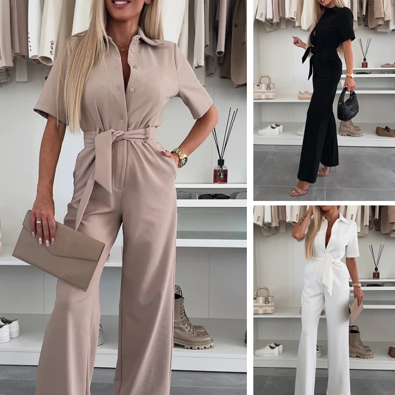 Women Jumpsuit Waist Tie – Button Down Casual Work Jumpsuit With Adjustable Belt