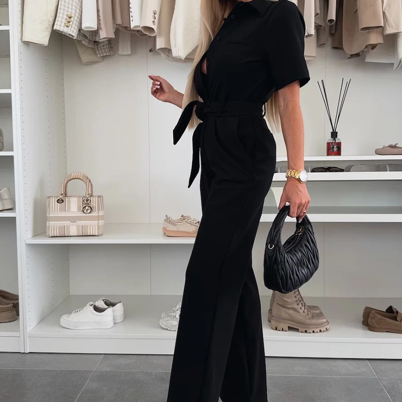 Women Jumpsuit Waist Tie – Button Down Casual Work Jumpsuit With Adjustable Belt