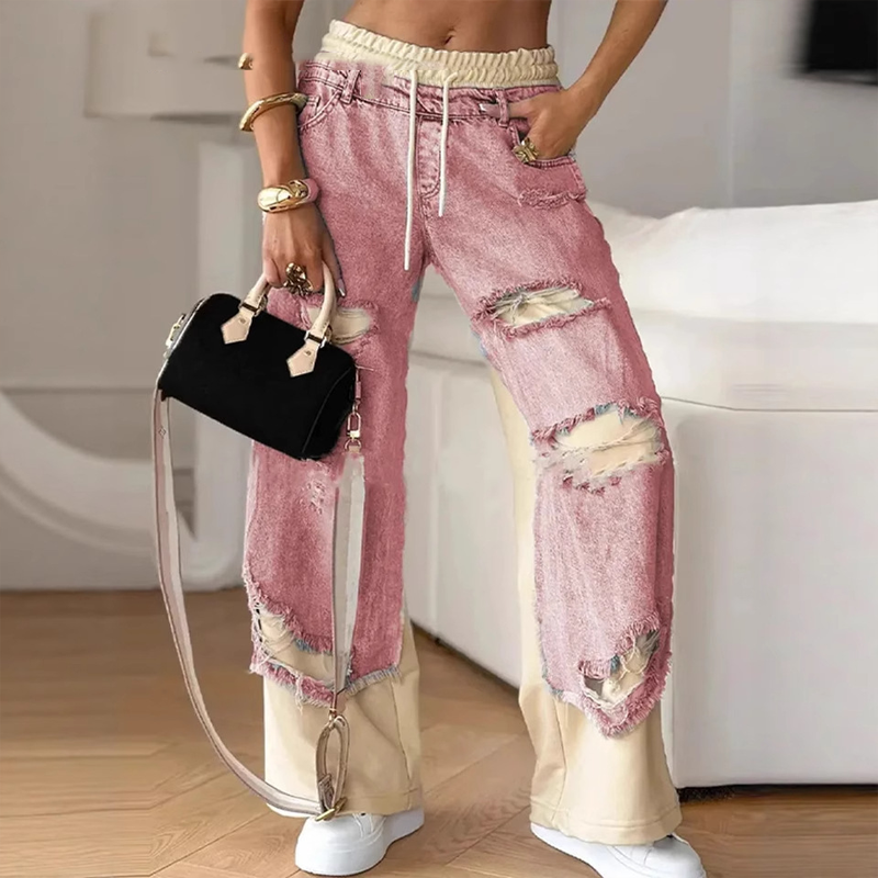 Patchwork Denim Pants - Elastic Waist, Wide Leg Distressed Jeans for Comfort