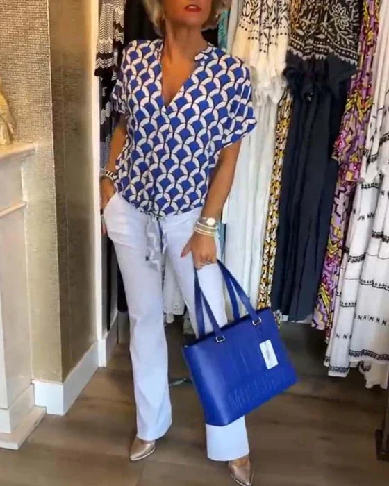 Casual Pattern Top – Stylish Cotton Blend V-Neck Printed Blouse for Summer