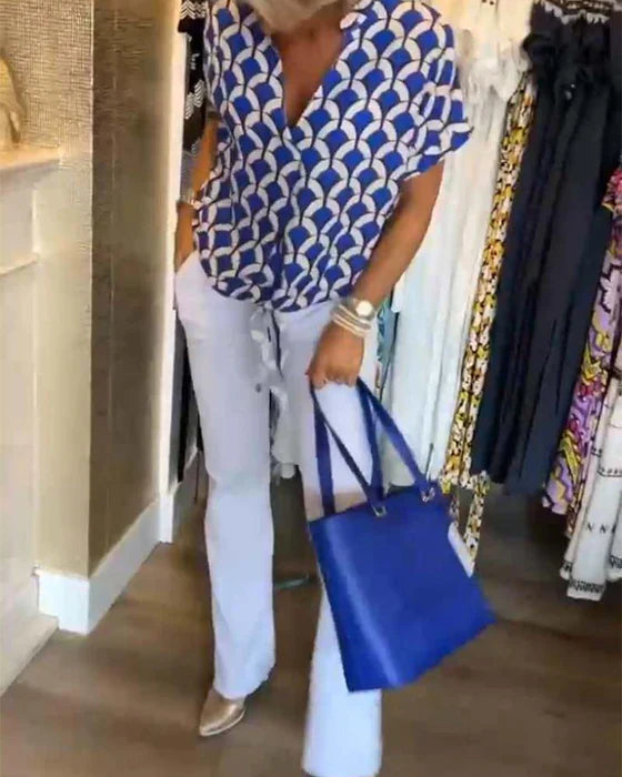 Casual Pattern Top – Stylish Cotton Blend V-Neck Printed Blouse for Summer