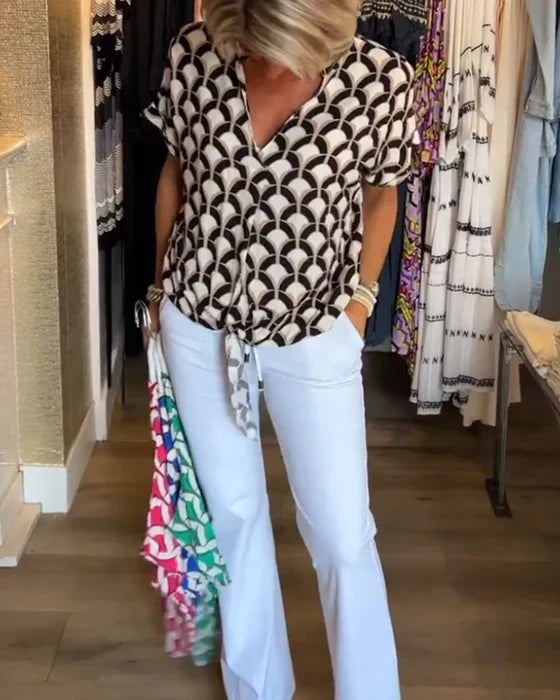 Casual Pattern Top – Stylish Cotton Blend V-Neck Printed Blouse for Summer