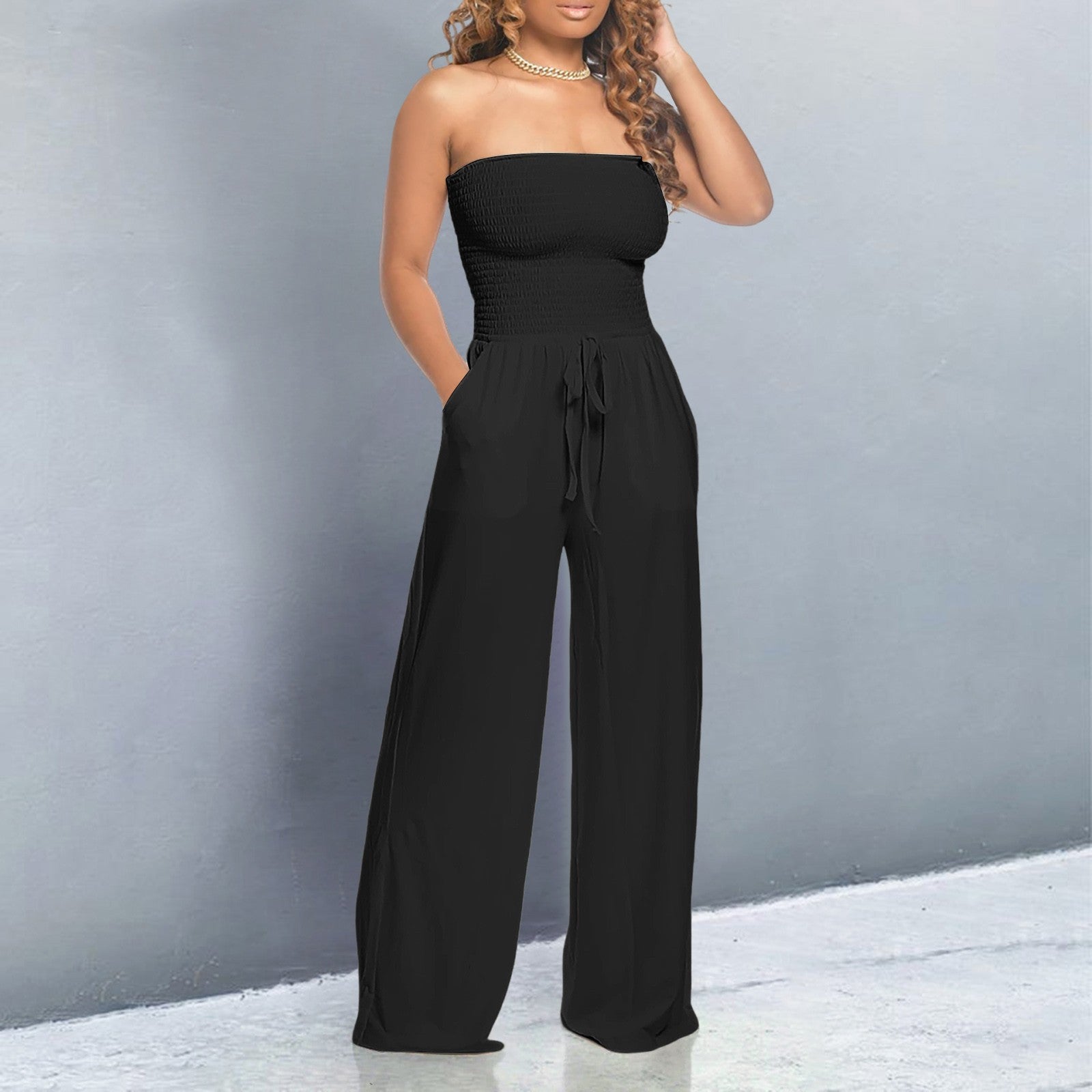 Modern Elegant Jumpsuit – Strapless Wide Leg Design with Adjustable Waist Tie