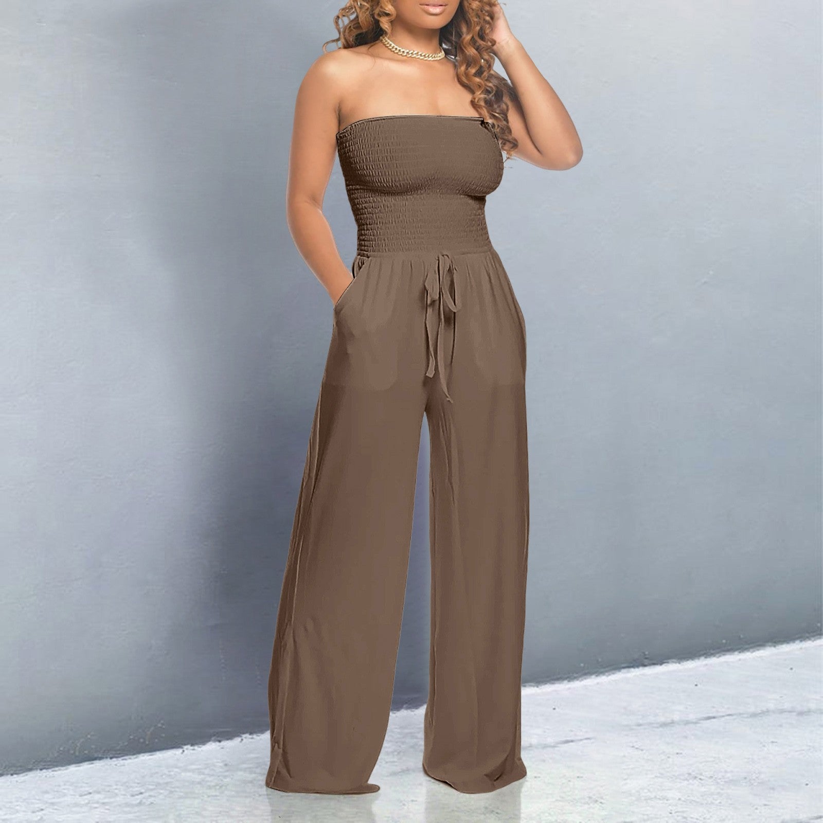 Modern Elegant Jumpsuit – Strapless Wide Leg Design with Adjustable Waist Tie