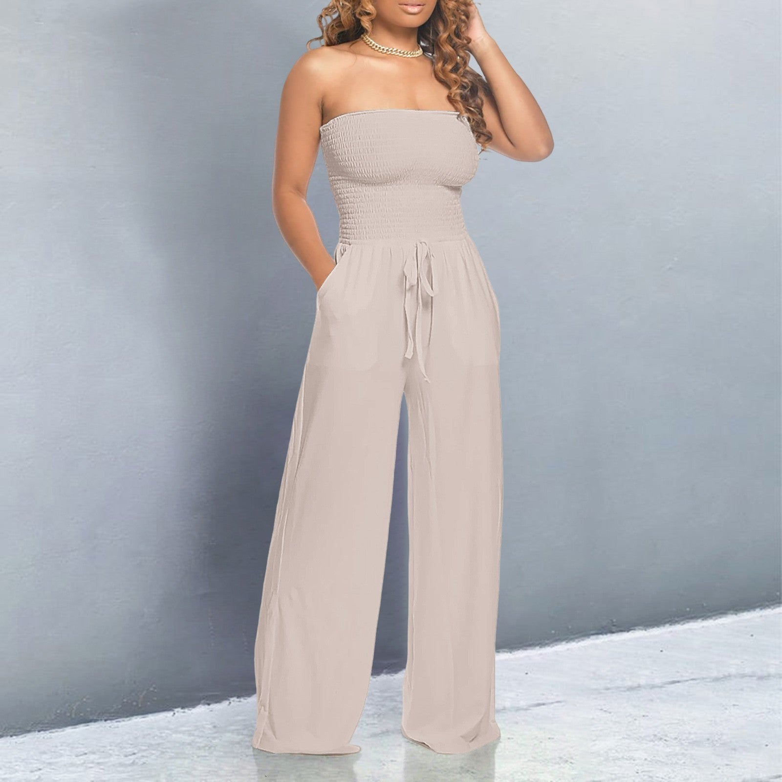 Modern Elegant Jumpsuit – Strapless Wide Leg Design with Adjustable Waist Tie