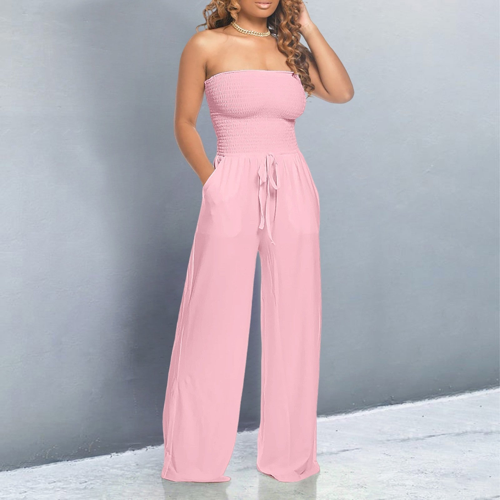 Modern Elegant Jumpsuit – Strapless Wide Leg Design with Adjustable Waist Tie