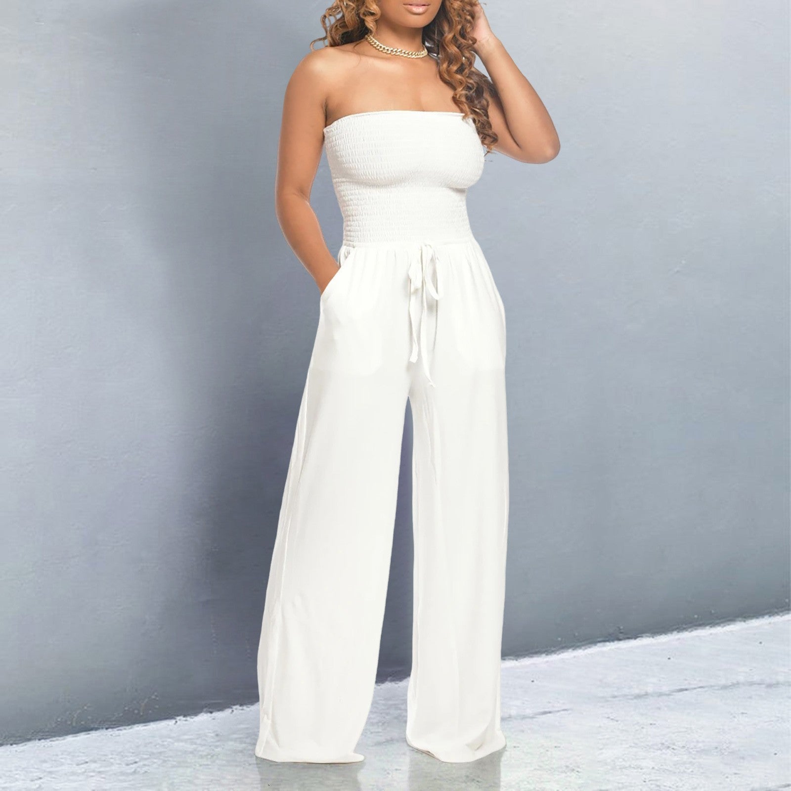 Modern Elegant Jumpsuit – Strapless Wide Leg Design with Adjustable Waist Tie
