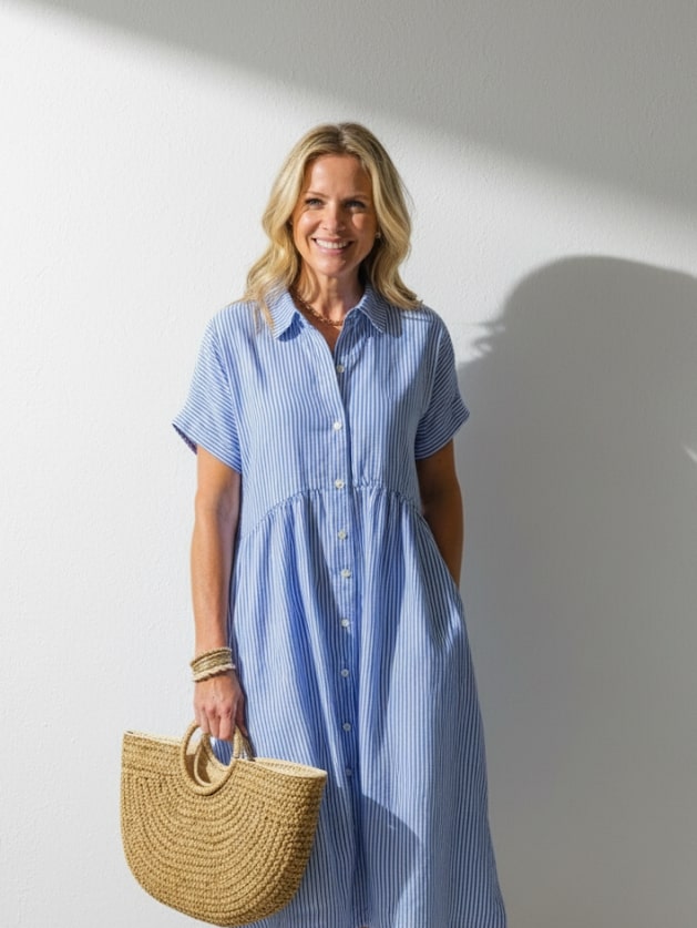 Midi Dress - Lightweight Blue Striped Casual Dress With Relaxed Fit