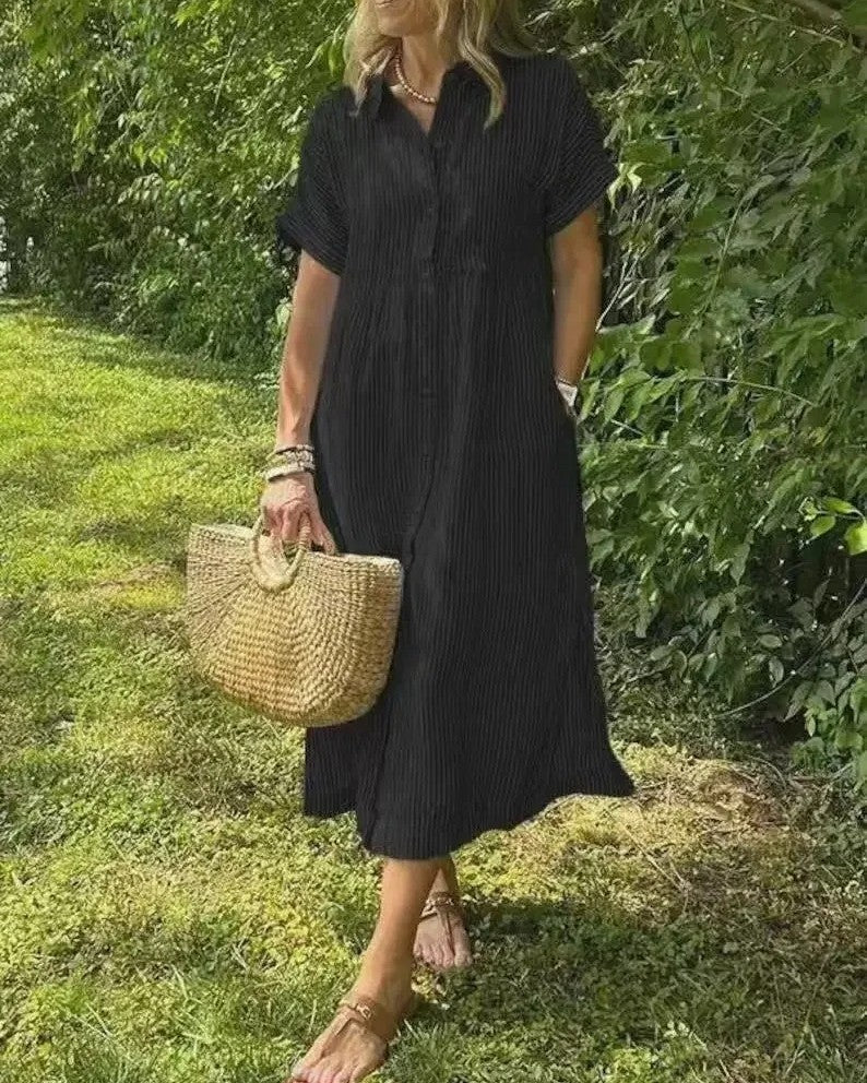 Midi Dress - Lightweight Blue Striped Casual Dress With Relaxed Fit