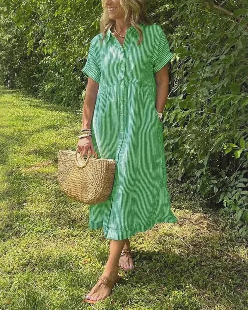 Midi Dress - Lightweight Blue Striped Casual Dress With Relaxed Fit