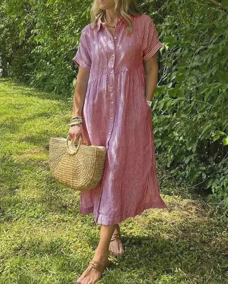 Midi Dress - Lightweight Blue Striped Casual Dress With Relaxed Fit