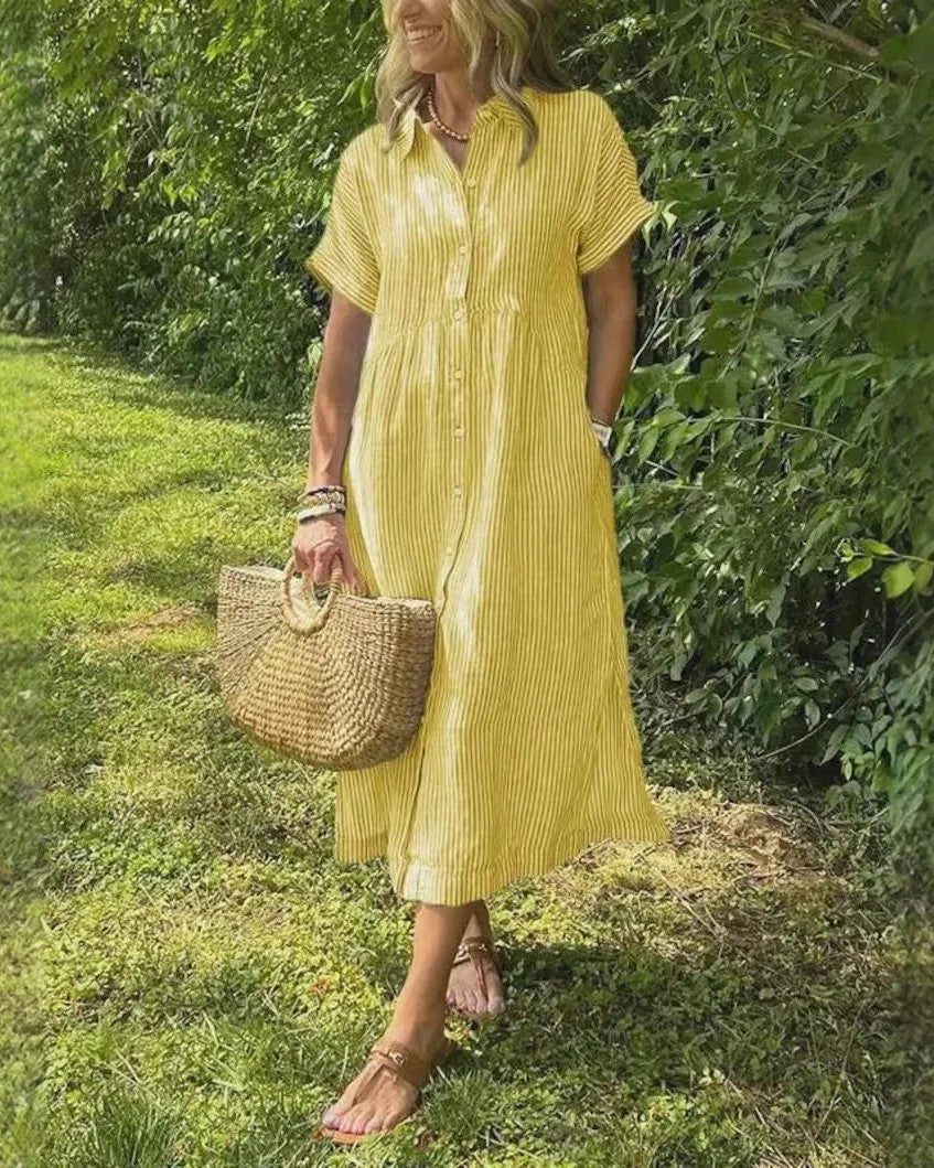 Midi Dress - Lightweight Blue Striped Casual Dress With Relaxed Fit