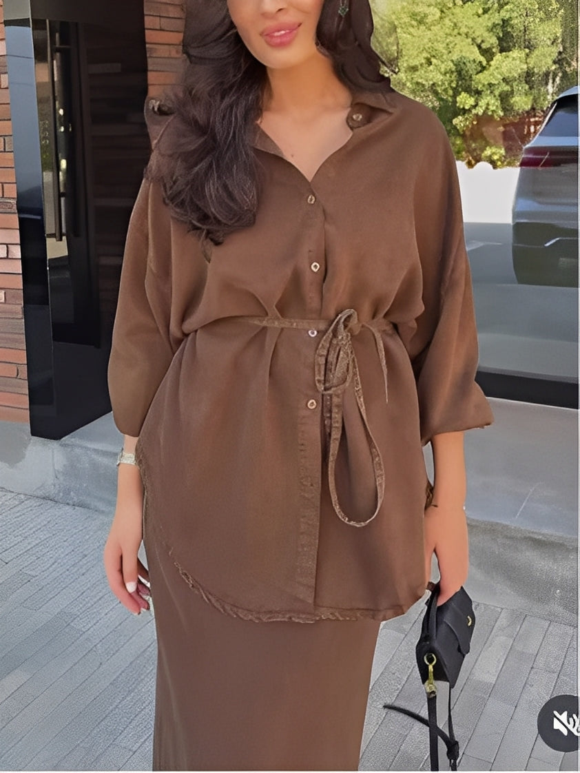 Tie Drawstring Shirt Set – Long Sleeve Outfit With Matching Skirt Combo