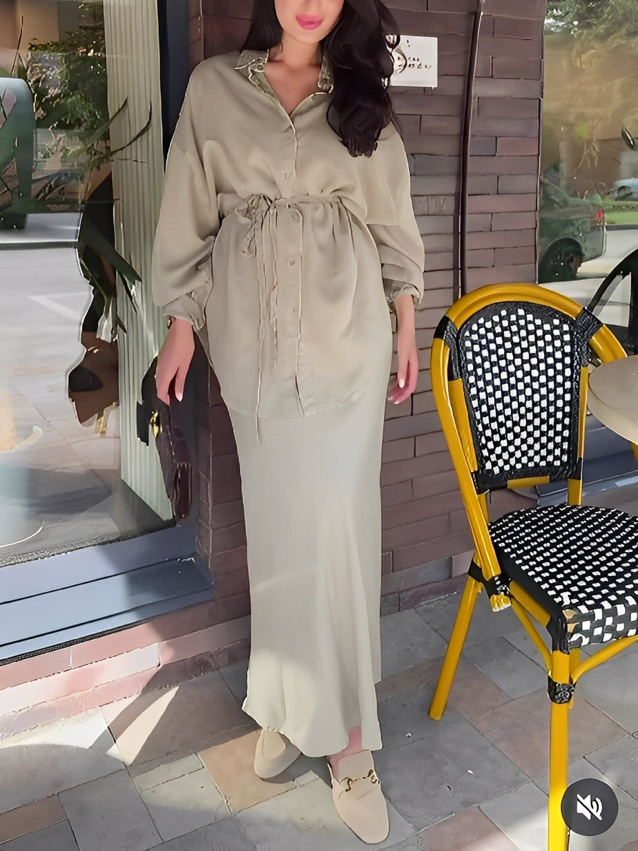 Tie Drawstring Shirt Set – Long Sleeve Outfit With Matching Skirt Combo