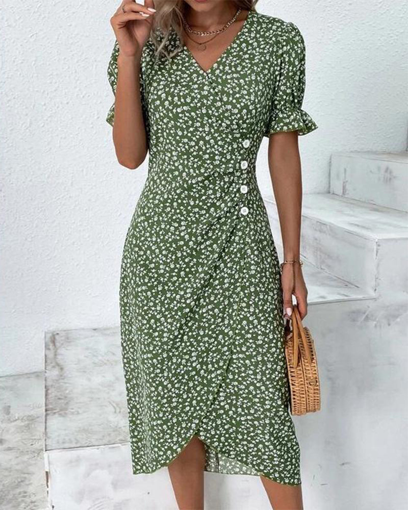 Floral V-Neck Dress – Lightweight Polyester Summer Floral Pattern Dress