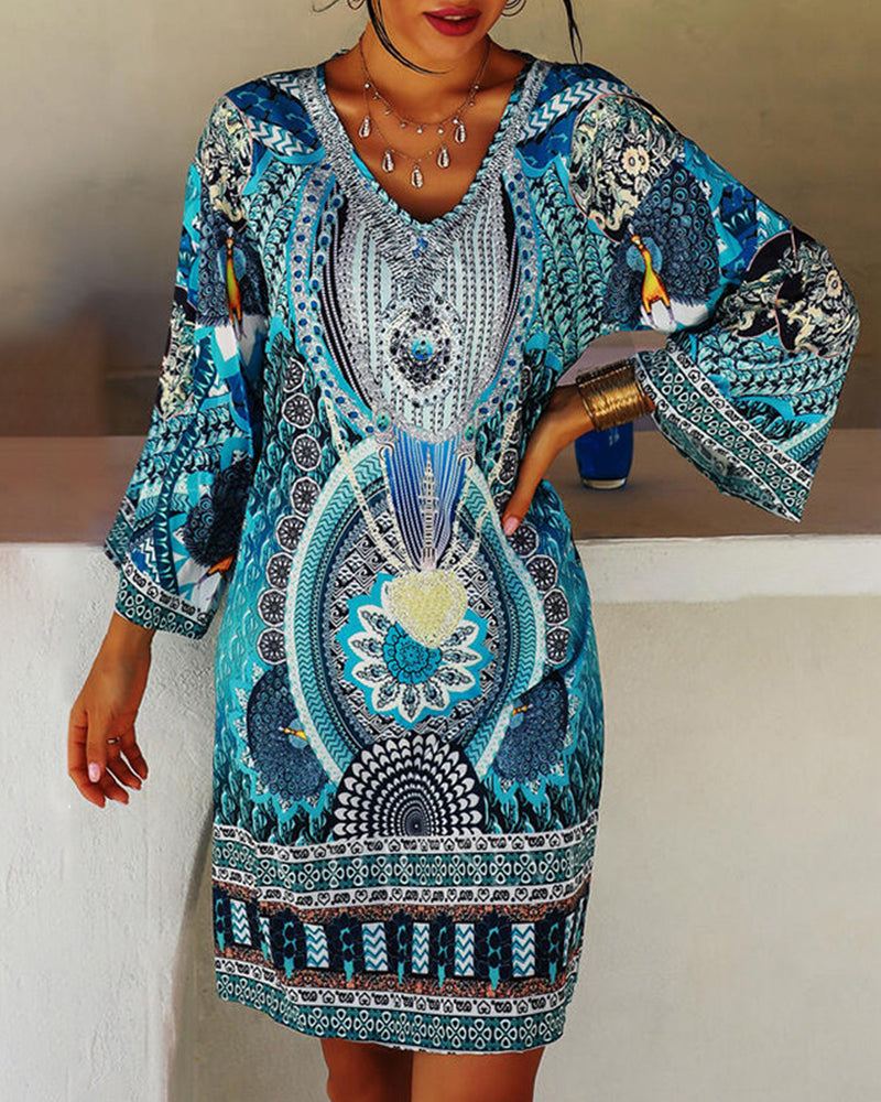 Bohemian Print Dress - Emelia™ Vibrant Boho Chic Above Knee Bell Sleeve Dress